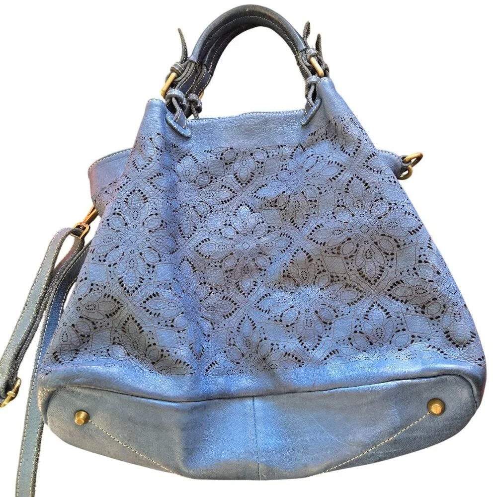 Sundance Medeira Blue Laser Cut Leather Shoulder Bag Satchel Double Top Handle - Picture 3 of 8